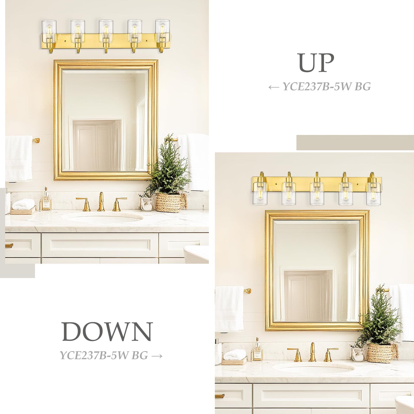 Emliviar 5-Light Vintage Vanity Lighting For Bathroom  37-Inch Wall Mount Light Fixture With Clear Glass Shade  Brushed Gold Finish  Yce237B-5W Bg