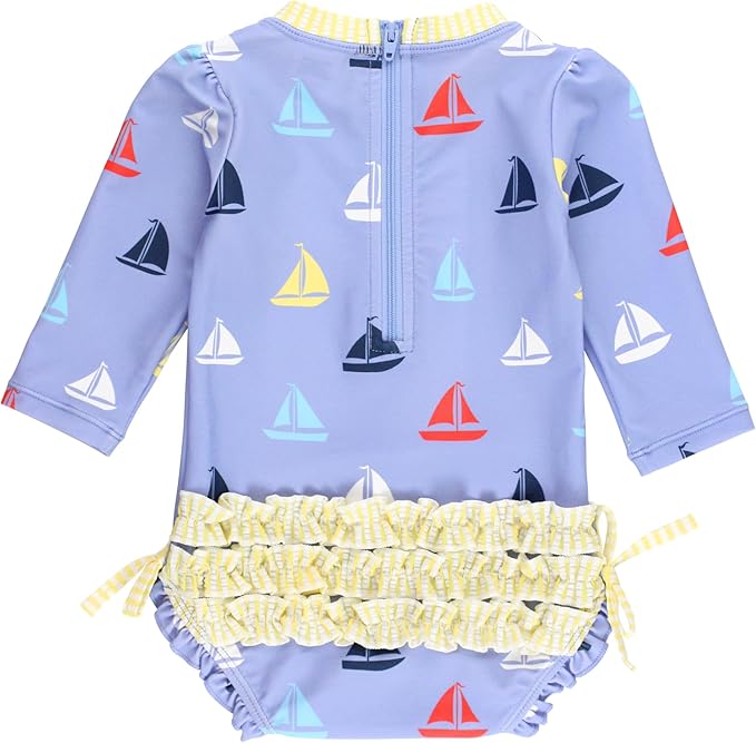 RuffleButts Baby Girls UPF 50+ Sun Protection Novelty Print Long Sleeve One Piece Rash Guard Swimsuit with Zipper