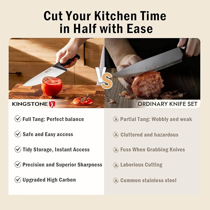 KINGSTONE 14-Piece Knife Block Set, High-Carbon Stainless Steel Knives with Ergonomic Non-Slip Handles, Ultra Sharp & Dishwasher Safe, Black