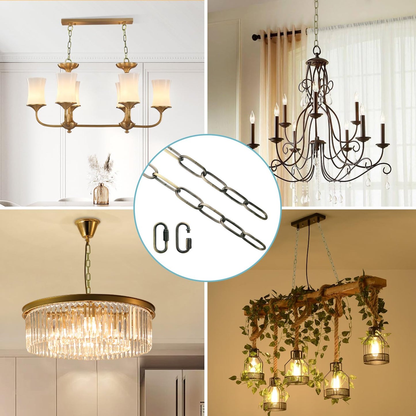 Helunsi Bronze Chandelier Chain - 6Ft Heavy Duty Iron Light Fixture Extension With Connection Link Lock
