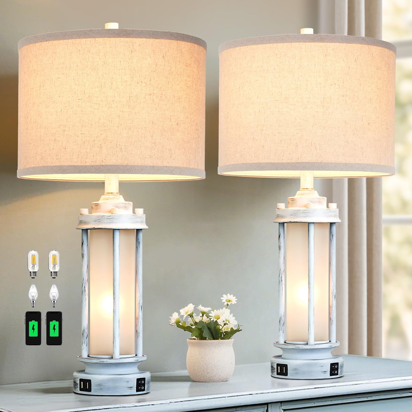 AIEAMPDO Rustic Table Lamps Set of 2, Vintage Nightstand Lamps with USB Ports, Antique White, 25in - Model VAR-8882-XFH
