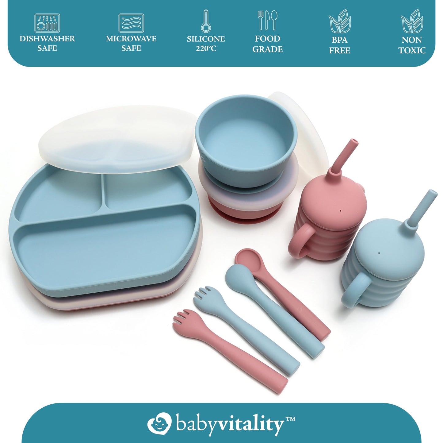 BABYVITALITY Silicone Feeding Set | Suction Plates & Bowls with Lids, Sippy Cup, Utensils | Toddler Eating Essentials - Pink