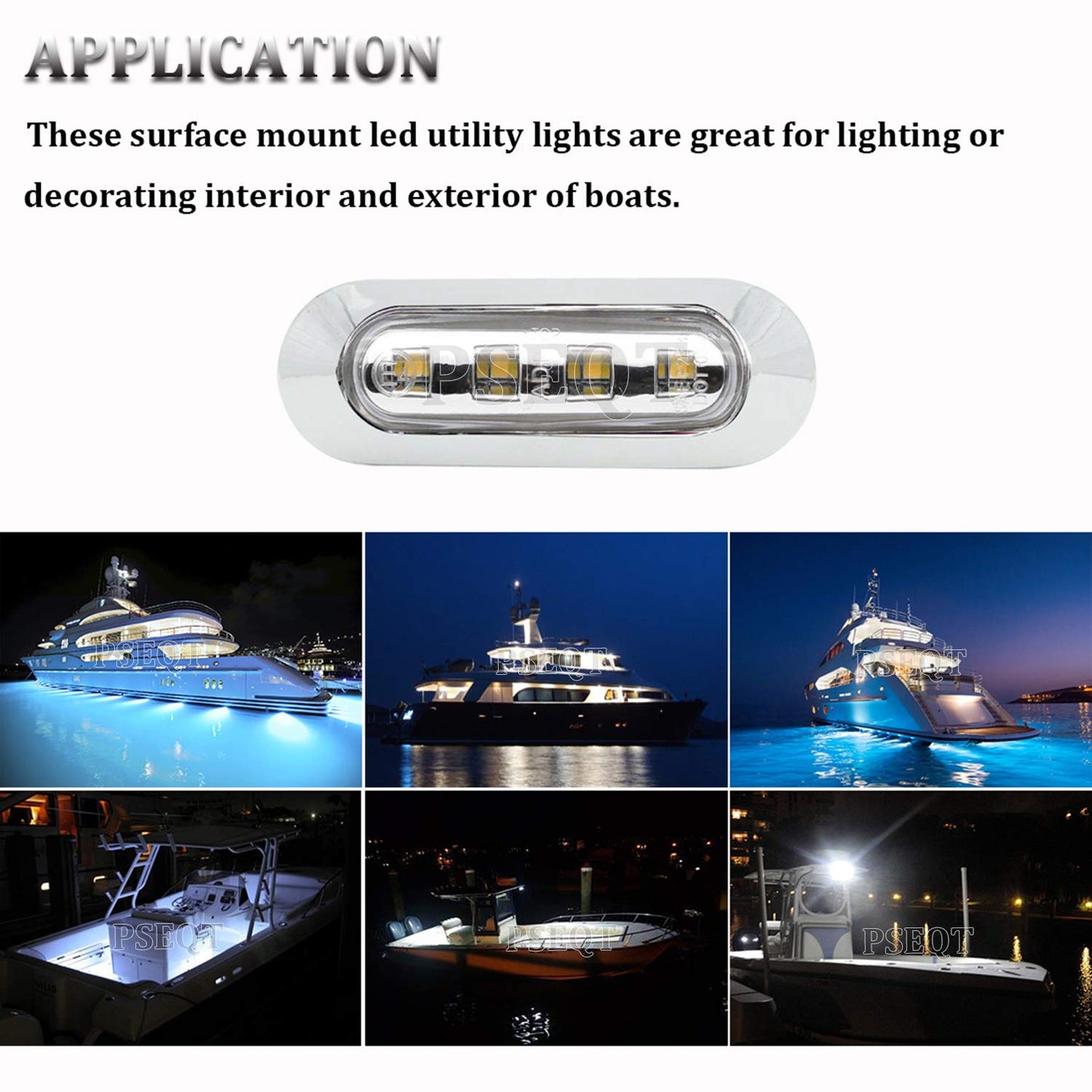 PSEQT Marine LED Lights - Waterproof Interior Deck Light, 3.8in x 1.29in, Polycarbonate, Chrome Bezel, White, Model PSEQTSF003W,