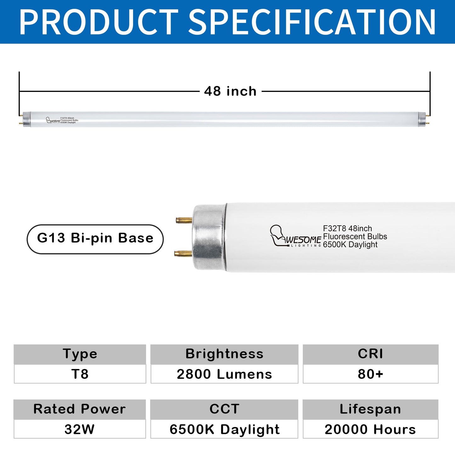 Wesome Lighting F32T8/865 Fluorescent Light Bulb  48 Inch  32 Watts  6500K Daylight  2800 Lumens  G13 Bi-Pin Base  4Ft T8 Fluorescent Tube Light Bulbs - 5 Pack