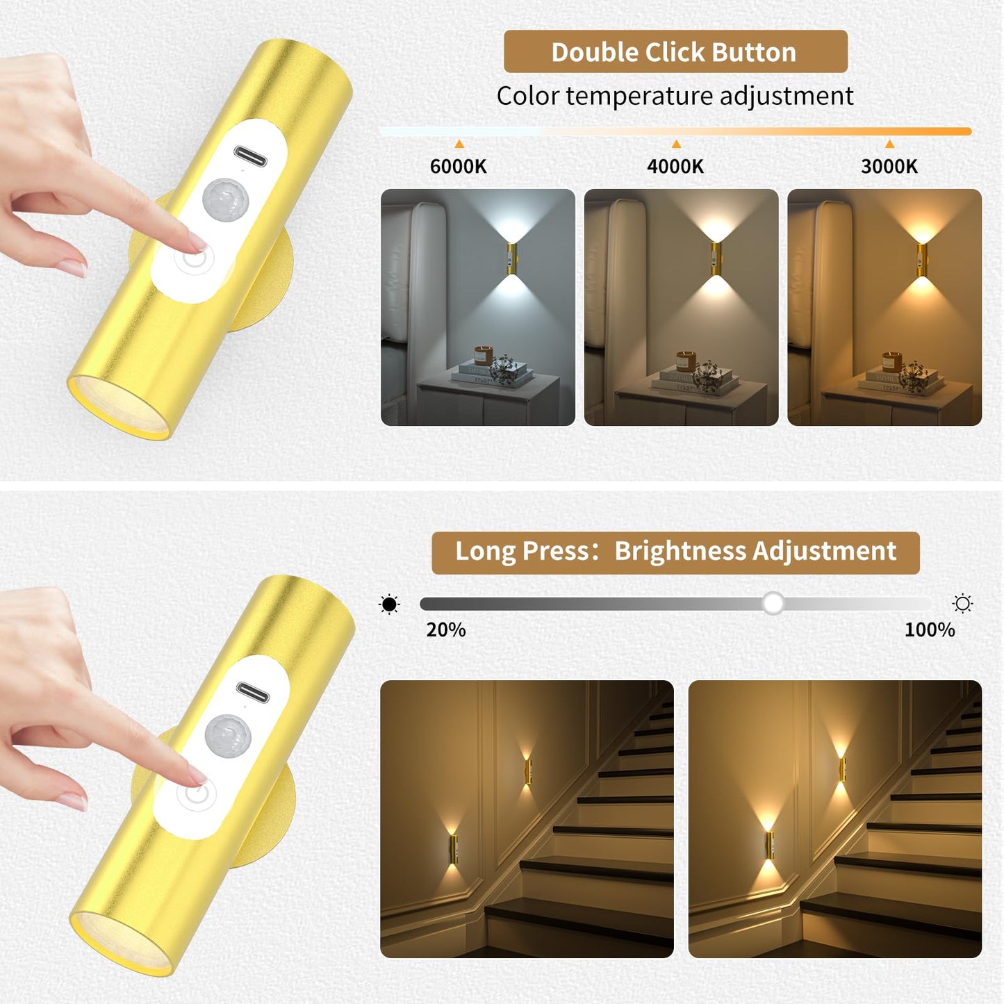 WOBSION Motion Sensor Wall Light, Rechargeable, 3 Color Modes, Aluminum, Gold, 2 Pack, f1.18*4.37in, Model CL-K67-B