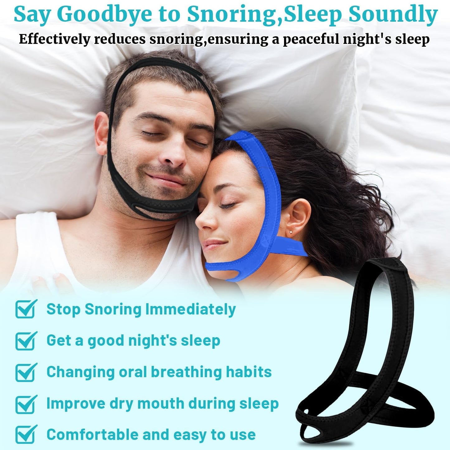 Anti Snoring Chin Strap for Sleeping, 2 Pack Adjustable Jaw Support Strap to Keep Mouth Closed, Soft Snoring Solution for Women Men, Stops Snoring Dry Mouth