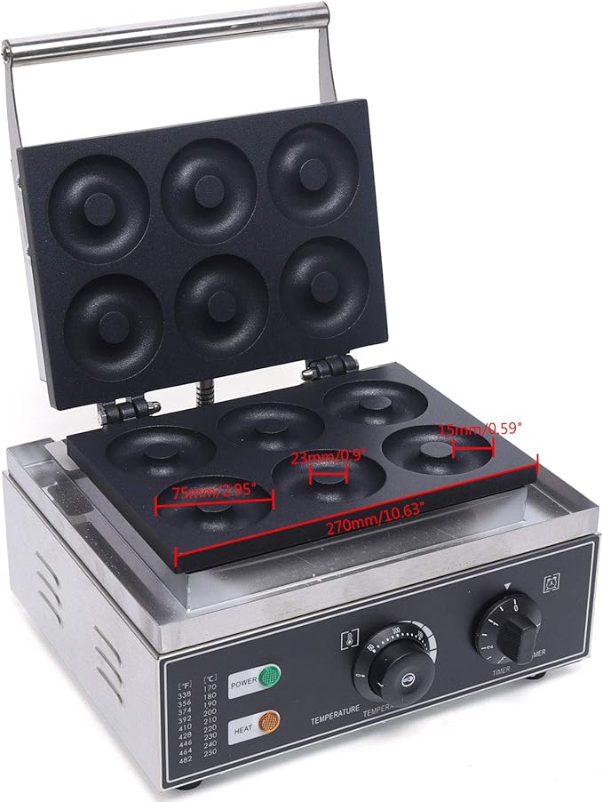 Donut Maker Machine Electric Doughnut Baker Maker Machine 110V Commercial Use Nonstick, Temperature 122-572℉,Commercial Waffle for Restaurant and Home Use (6 Holes Donut Maker)