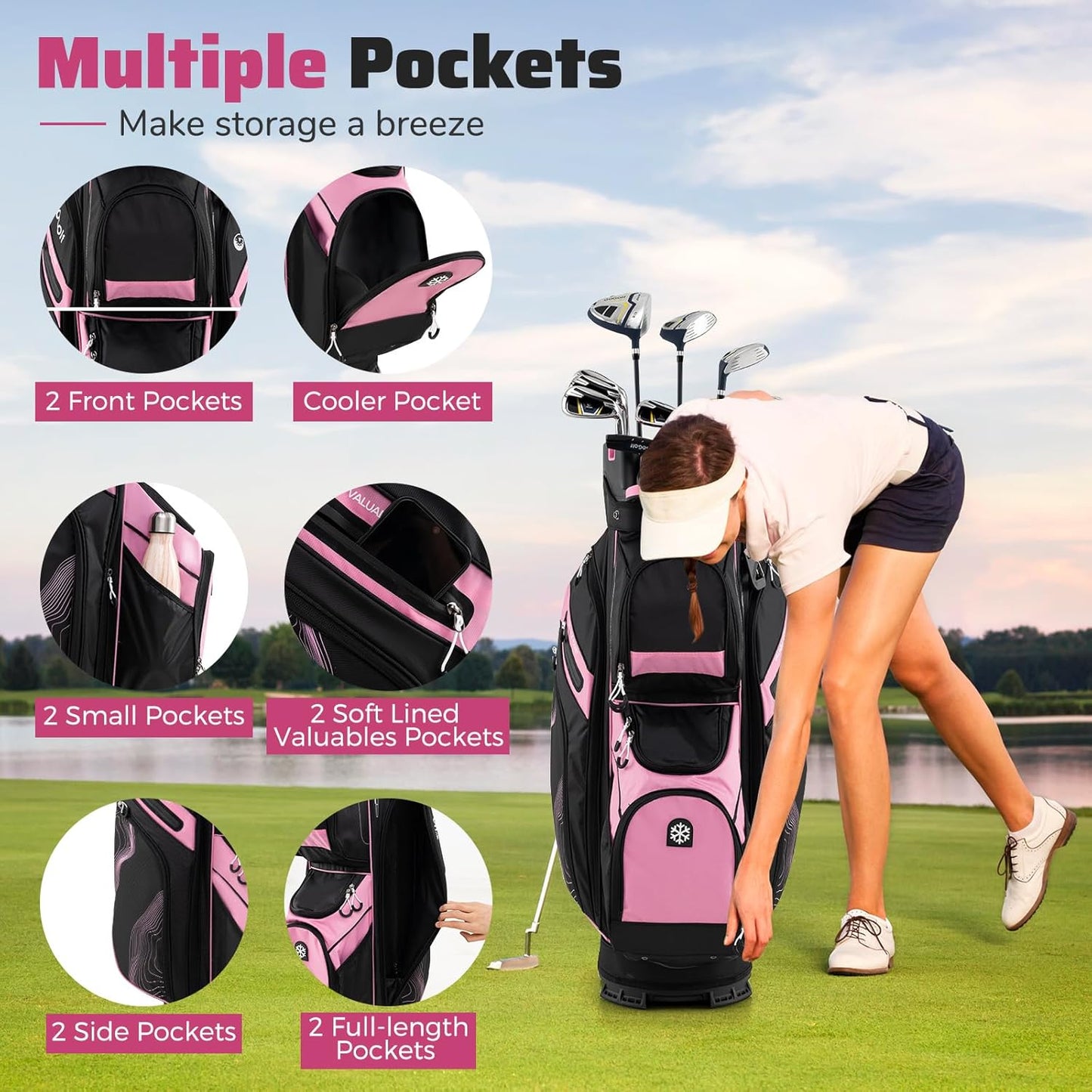 Tangkula Golf Cart Bag with 14-Way Full Length Dividers, 6 Molded Lock Top Golf Club Bag with 11 Pockets, Cooler Bag, Padded Strap, Handles, Umbrella Holder & Rain Hood