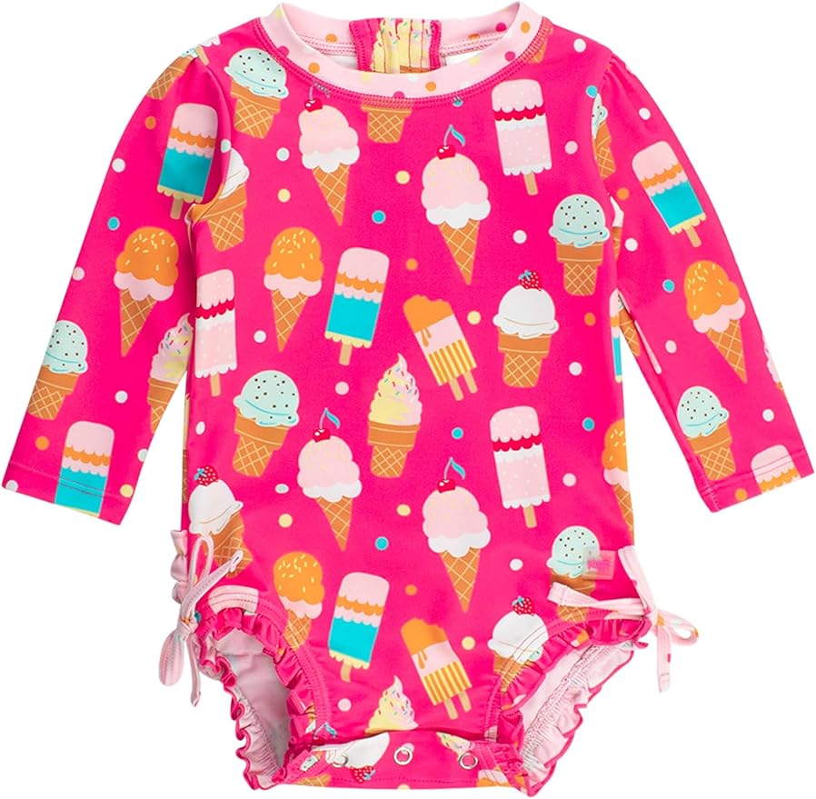 RuffleButts Baby Girls UPF 50+ Sun Protection Novelty Print Long Sleeve One Piece Rash Guard Swimsuit with Zipper
