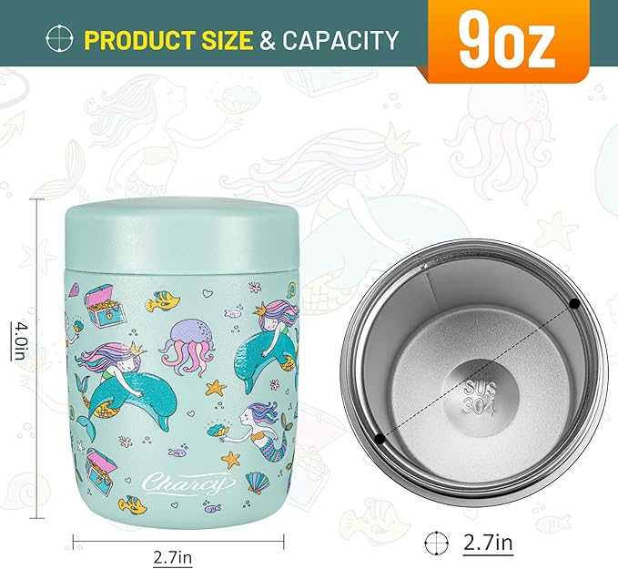 Charcy 9oz Stainless Steel Vacuum Insulated Kids Food Jar - Soup Thermo for Hot & Cold Food - Blue Mermaid