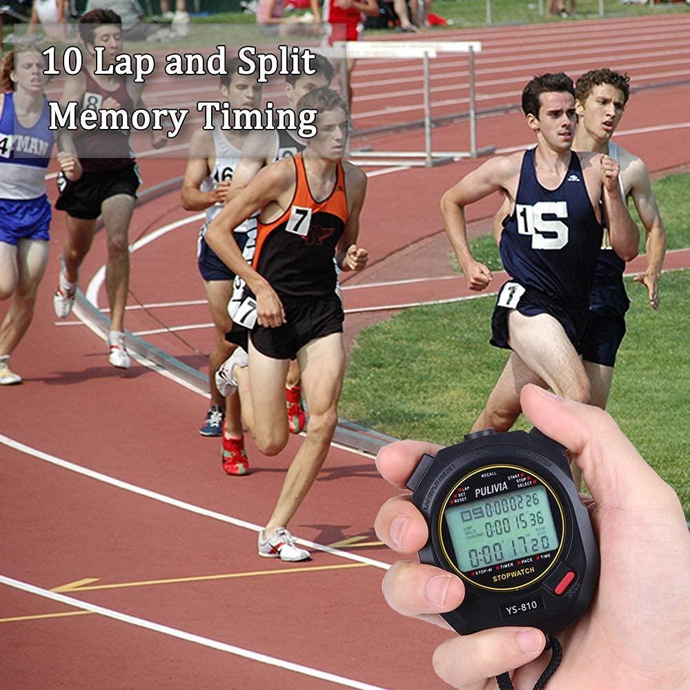 PULIVIA Sports Stopwatch Timer 10 Lap Split Memory Digital Stop Watch, Countdown Timer Pace Mode 12/24 Hour Clock Calendar with Alarm, 3 Rows Display Large Screen Water Resistant Battery Included