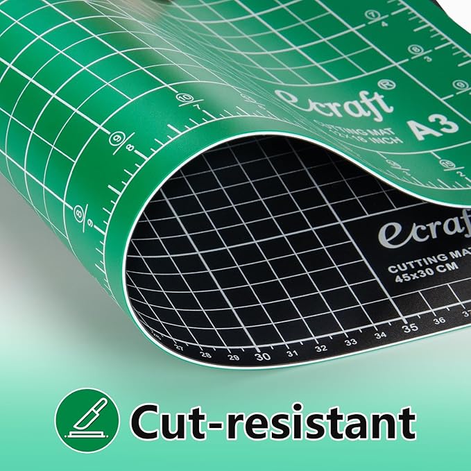 Ecraft Self Healing Cutting Mat: 12inch x 18inch Double Sided 5-Ply Fabric Cutting Mat for Sewing, Quilting & Arts & Crafts - Gridded Rotary Cutting Board Mat in Green/Black.