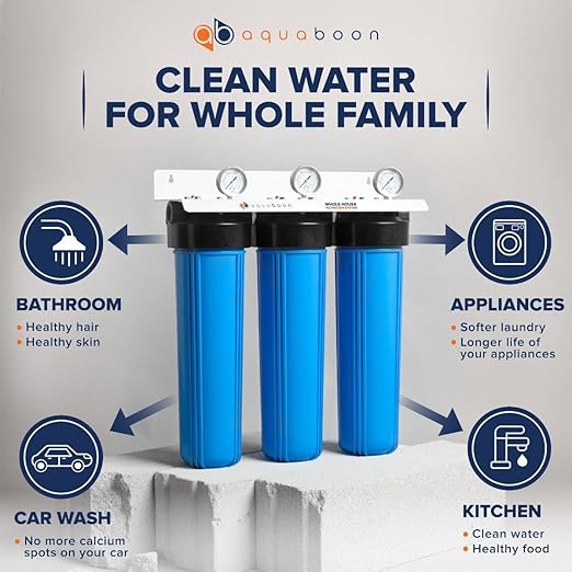 Aquaboon 3-Stage Whole House Water Filter System | Sediment & Premium GAC Filter & CTO 5 Micron Water Filters 20 x 4.5 inch w/Wrench, White Bracket & Pressure Gauges & Release Buttons (1" Port)