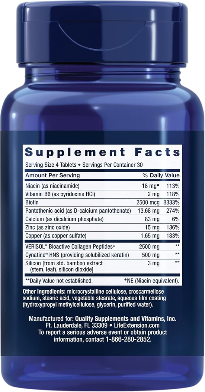 Life Extension Hair, Skin & Nails Collagen Plus Formula - Promotes Collagen & Keratin Health - with Niacin, Vitamin B6, Biotin, Calcium & Zinc - Non-GMO – 120 Count(Pack of 1)