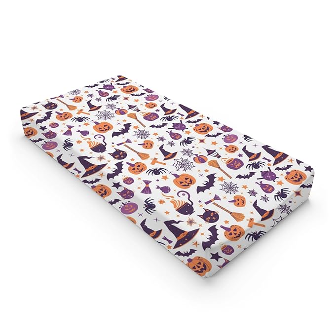 Halloween Pumpkin Spider Witch Hat Cat Stars Pattern Baby Changing Pad Cover, Unisex Fall Winter Holiday Nursery Diaper Changing Table Pad Mat Sheet for Boys Girls-16x32