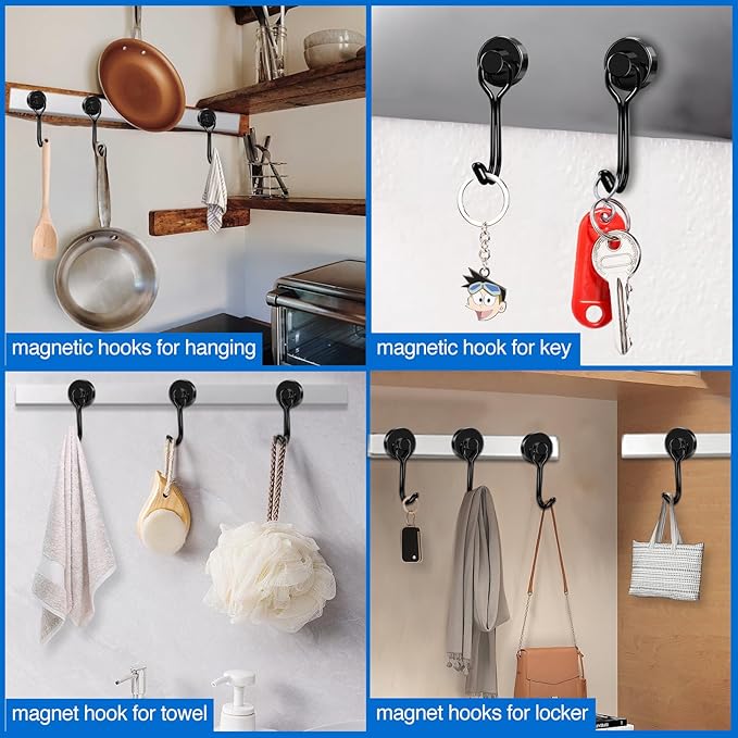 LOVIMAG Hooks, 50lbs+ Magnetic Magnet Hook 2025 Cruise Cabin Ship Essentials Heavy Duty Strong Refrigerator Fridge Hanging for Classroom Beach Vacation Kitchen Grills Home Mug Hanger (6 Pack), Black