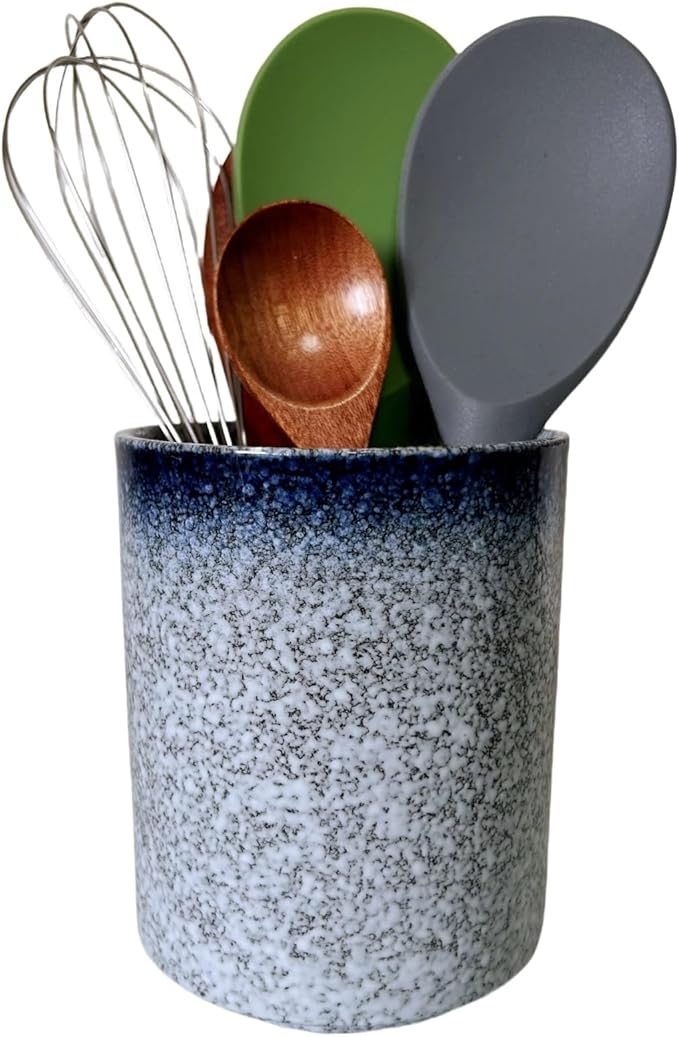 Short Kitchen Utensil Holder for Kitchen Counter Cooking Utensil Holder for Countertop Spatula Holder Small Utensil Crock Cutlery Holder Silverware Caddy Flower Vase (Stone Blue)