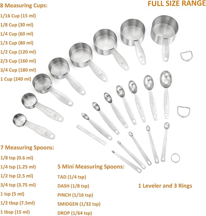 Measuring Cups and Spoons Set of 21 Piece in 18/8 Stainless Steel, Heavy Duty 8 Measuring Cups, 7 Measuring Spoons, 1 Leveler & 5 Mini Measuring Spoons Ideal for Dry and Liquid Ingredients
