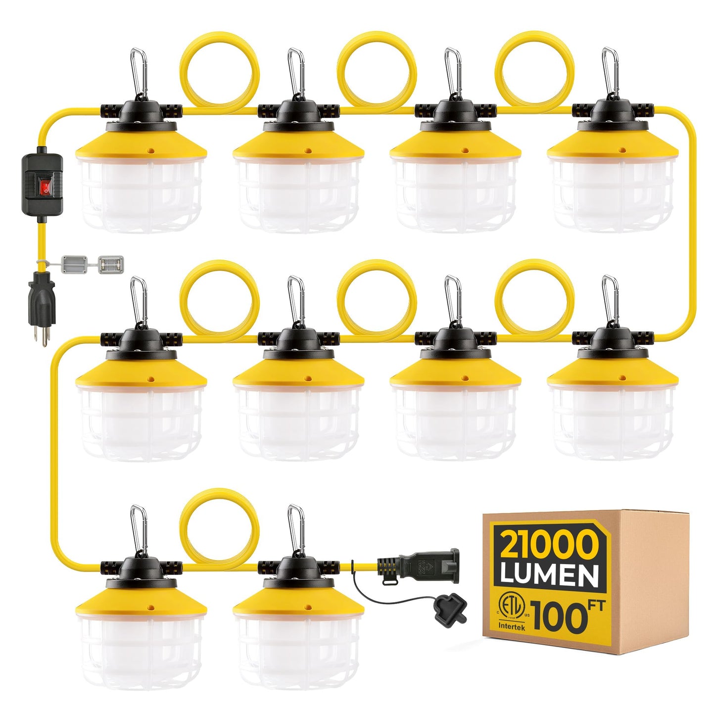 Outdoor Construction Led String Lights With Switch: 3 Prong 100Ft 150W 21000Lm Etl Certified Bright Industrial Temporary Lighting Hanging Ip65 Waterproof Work Light For Attic Jobsite Garage