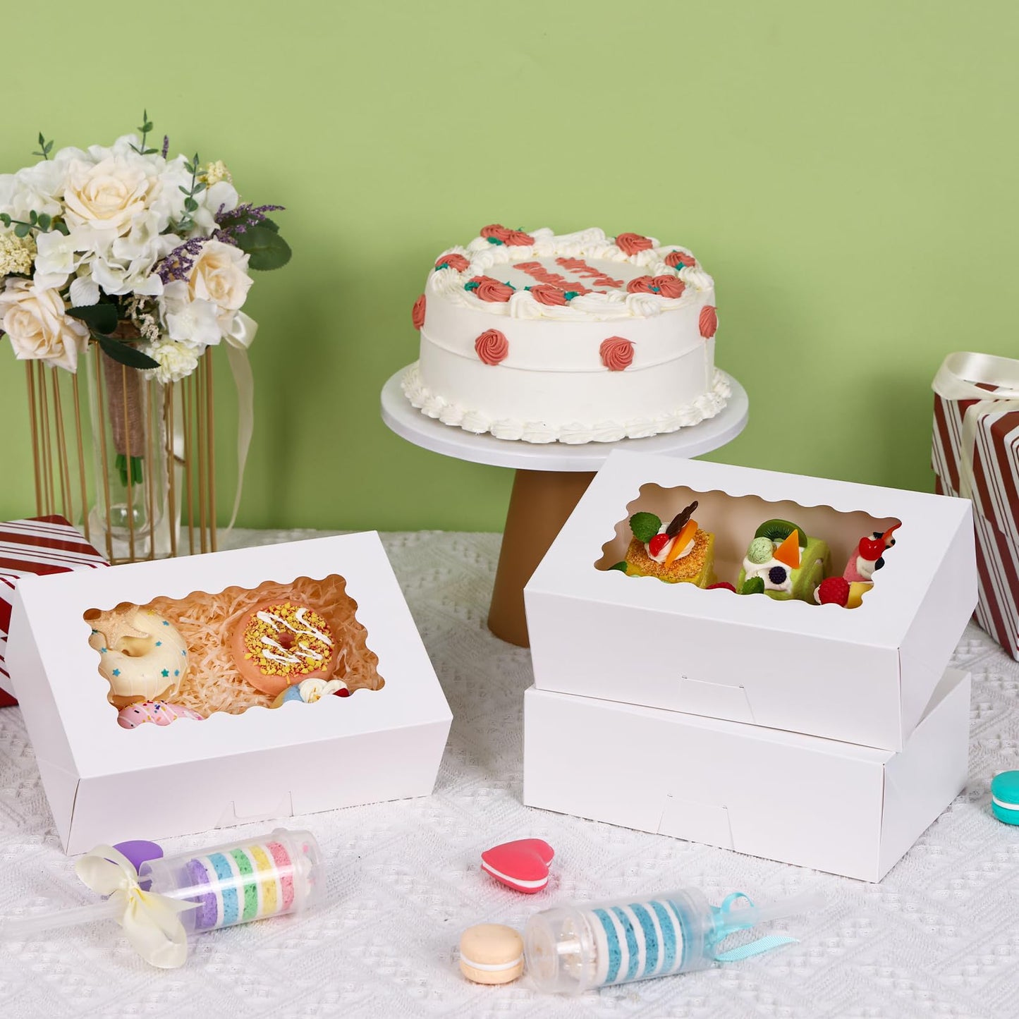 Moretoes 28pcs Cookie Boxes with Window, 9x6x3 Inch White Bakery Boxes Dessert Container for Pastries, Chocolate Covered Strawberries, Easter Candy, Muffins, Donuts
