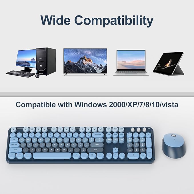 Wireless Keyboard and Mouse Set, Retro Typewriter, 2.4GHz Full Size 104-Key Cute Keyboard with Number Pad, Colorful with Round Keycaps for Windows PC Laptop(Sea Blue)