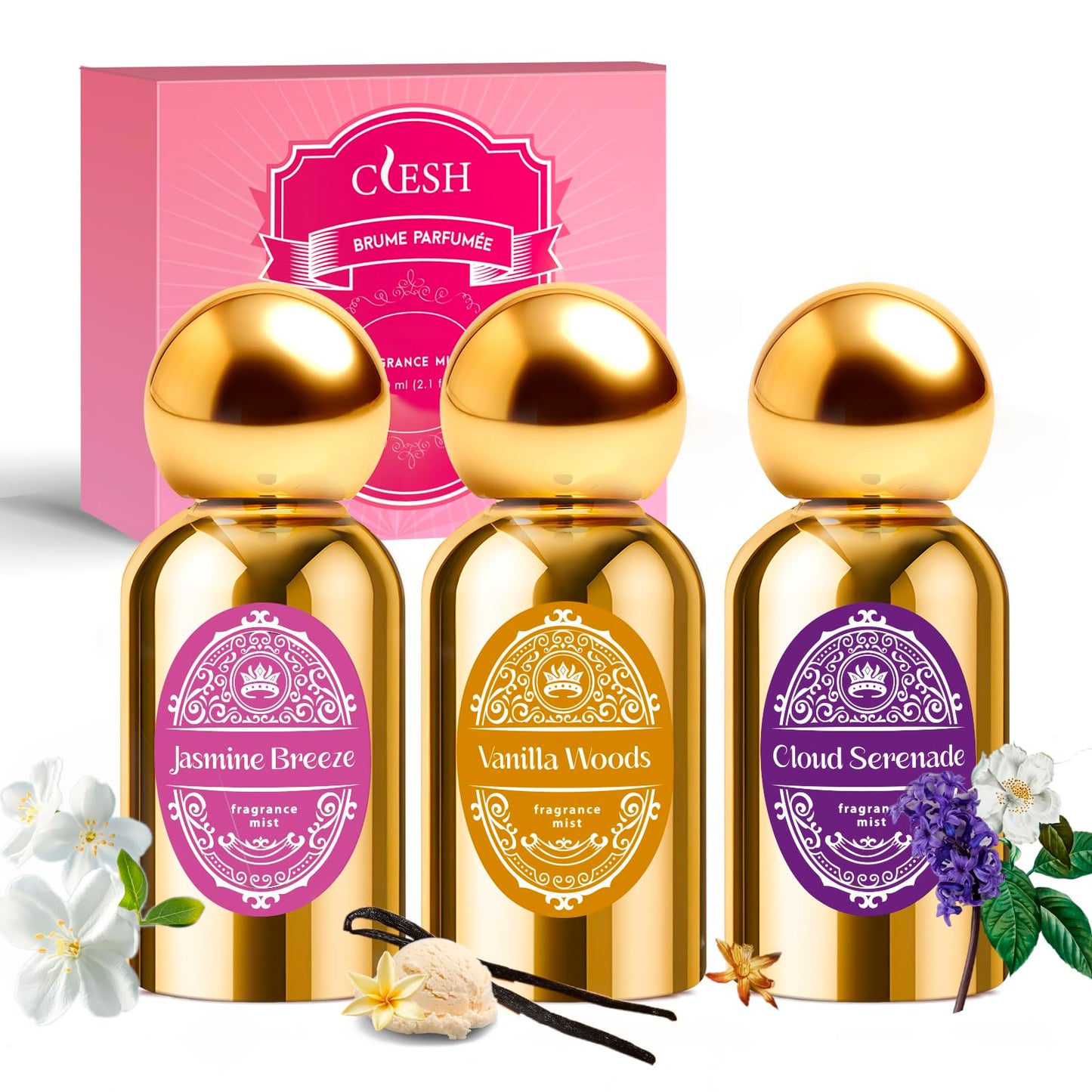 Body Spray for Women, Fragrance Mist, 3 Pack Travel Size Set, 60ml/2.1 fl oz, Vanilla Woods, Cloud Serenade, Jasmine Breeze