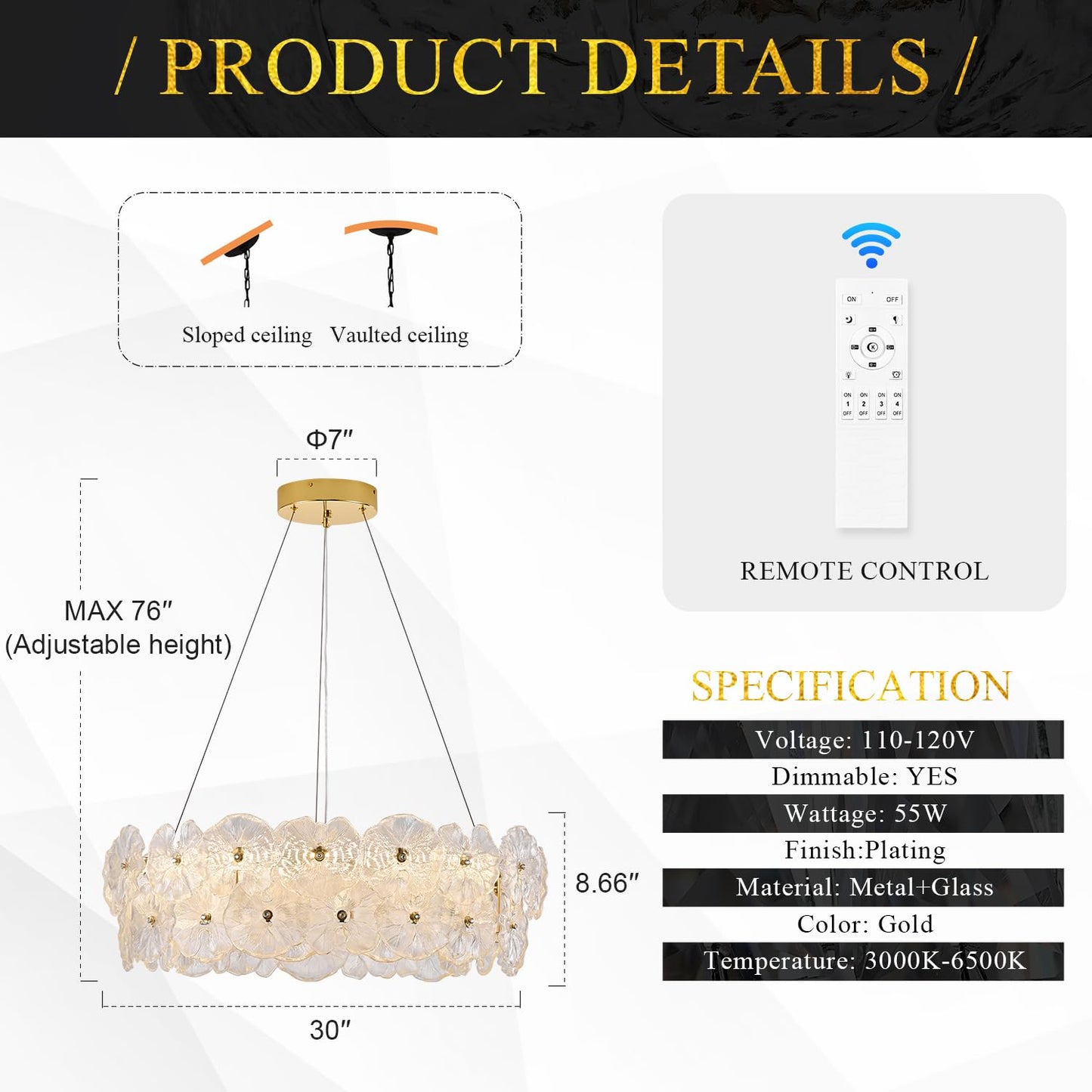 Poemoon 30in Luxury Glass LED Chandelier, Gold-Lotus, Dimmable 3000-6500K, Model P56-800G1, Modern Design for High Ceil