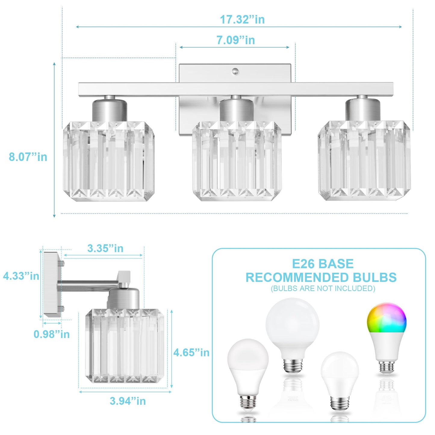 Golspark 3 Light Crystal Bathroom Vanity Light Fixtures Over Mirror  Brushed Nickel Modern Vanity Lighting Fixtures  Wall Sconce Bath Wall Light  E26 Base Square Crystal Shades (Exclude Bulb)