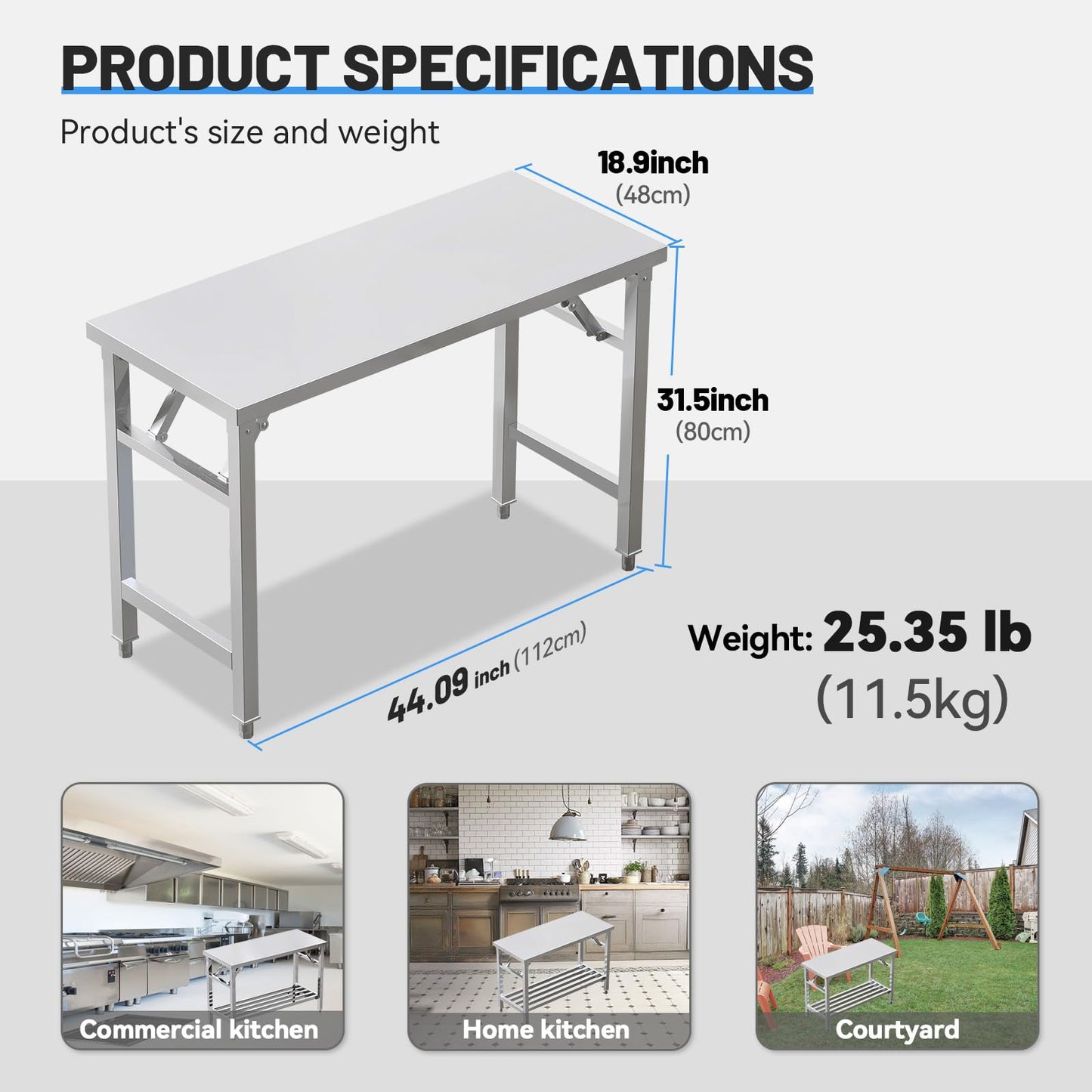 PurezmMoto Folding Stainless Steel Table with Adjustable Table Corners and Lower Removable Shelf 20X45 Inches for Outdoor Camping, Maintenance Room, Storage, Kitchen (Without undershelf)