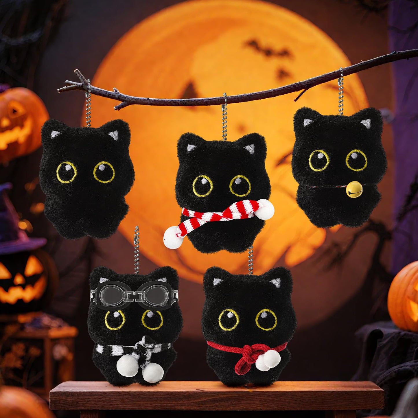 Tondiamo 5 Pcs Black Cat Keychain Plush Bag Charm Cute Kawaii Gifts for Christmas Halloween Accessories (Classic)