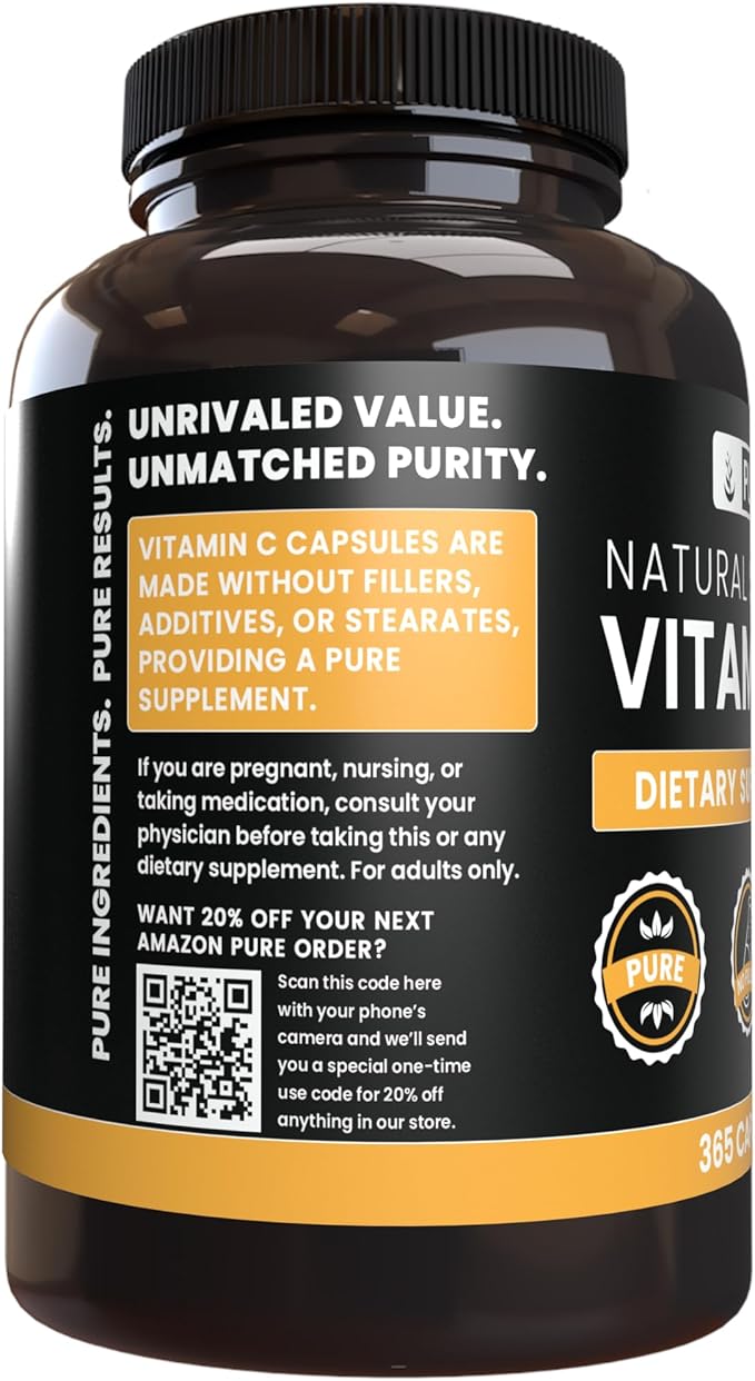 PURE ORIGINAL INGREDIENTS Vitamin C (365 Capsules) No Stearates or Rice Fillers, Gluten-Free, Vitamin C with No Additives