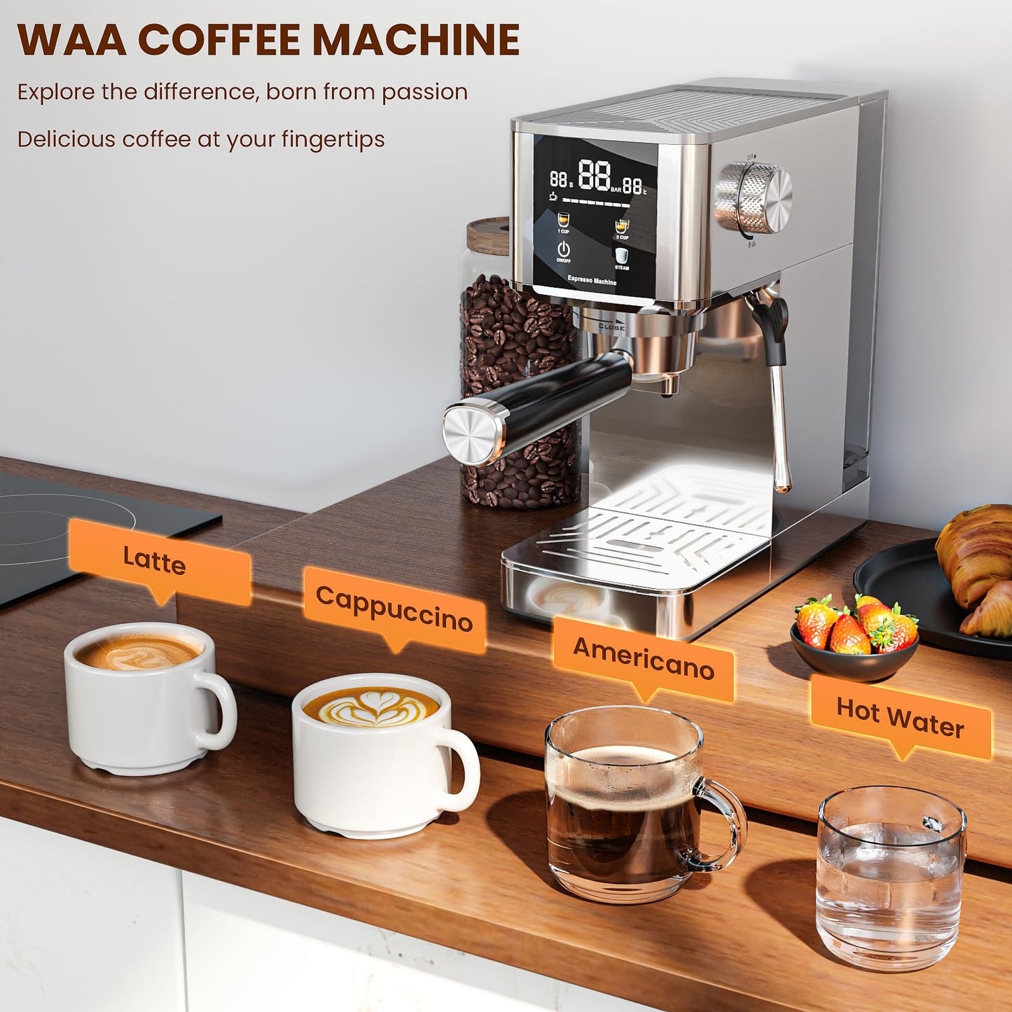 WAA 20 Bar Craft Barista-Grade Espresso, Upgraded 1350W Espresso Machine Stainless steel with Steam Frothing Wand, 1.2L Water Tank and Cup Warmer, Suitable for Espresso, Cappuccino and Latte (Silver)