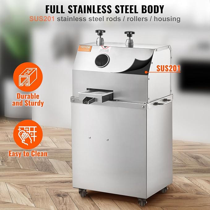 VEVOR Electric Sugar Cane Juicer, 750W Sugarcane Juicer Machine with 661LBS/H High Output, 3 Stainless Steel Rollers, 2.4" Large Inlet, Sugarcane Juice Extractor Squeezer on Wheels for Home/Commercial