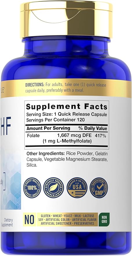 Carlyle 5-MTHF Folate Supplement | 1mg | 120 Capsules | Premium Quality L Methylfolate | Non-GMO, Gluten Free