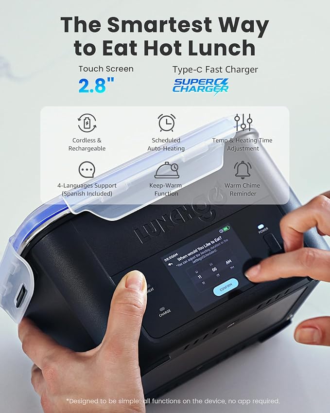 LUNCHGO® G1 Smart Electric Heated Lunch Box – Cordless, 5 Cups Capacity, 74 Wh Battery Powered, 250°F Max, Scheduled Heating, Perfect for Outdoor Work, On-The-Go Meals, 1-Year Warranty (Neon Gray)