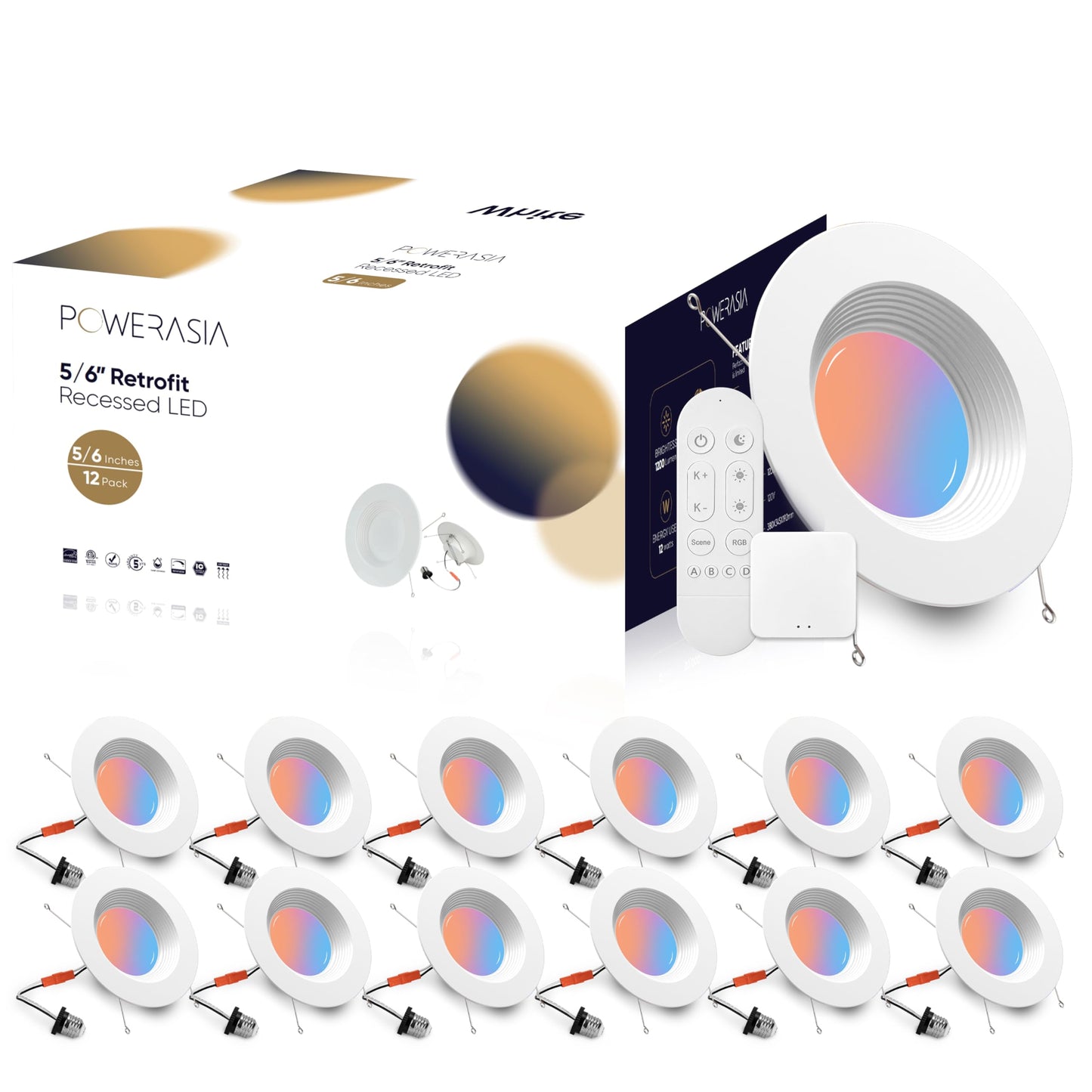 POWERASIA 12 Pack LED Retrofit RGB Recessed Lights, 12W 1200LM, Color Changing 2700K-6000K, Smart Compatible, Aluminum, RGB-WH