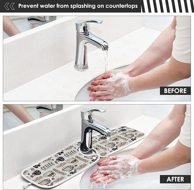 Coffee Theme Faucet Water Catcher Mat 2 Pack Coffee Cup Beans Drying Mat Absorbent Bathroom Faucet Handle Drip Catcher Tray Bar RV Kitchen Sink Splash Guard 30x5 Inches