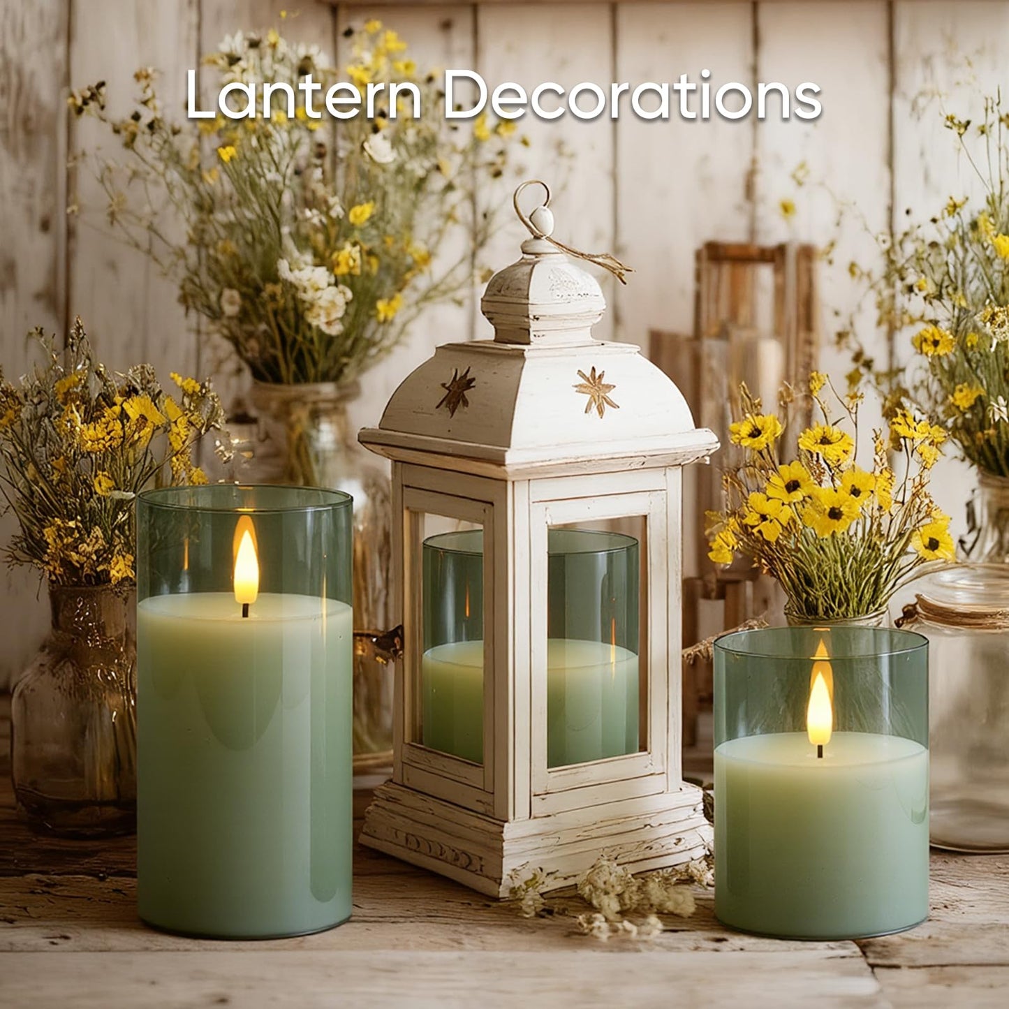 5plots Flameless Battery Operated Candles Set of 3, Green LED Candles with Remote Timer, Real Wax Glass Pillar Candles Warm Flickering Light for Indoor Home, Halloween, Christmas Decor D3 x H4 5" 6"