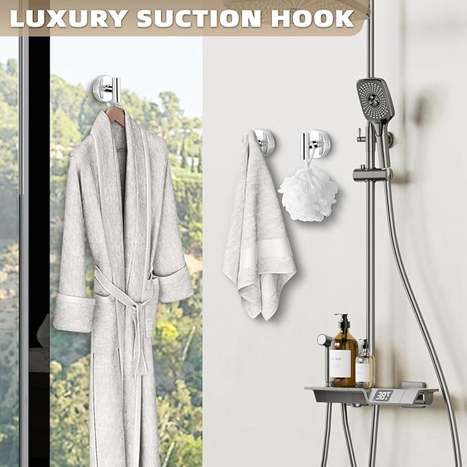 Suction Cup Hooks for Shower - Bathroom Reusable Hooks for Towels, Robes & Loofah - No-Drill Mounting on Kitchen,Walls,Metal,Glass,Mirrors,Tile & Smooth Non-Porous Surfaces (4, Chrome Polished)
