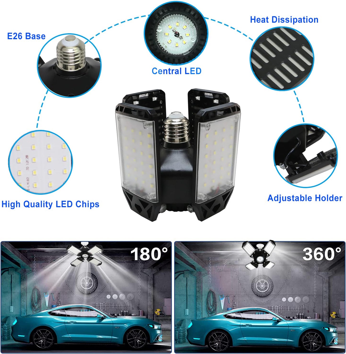 150W Led Garage Light - 15000 Lumen Ceiling Light With 4+1 Adjustable Panels  Daylight Led Shop Light Bulb Fixture For Garage  Workshop