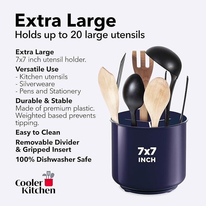 Plastic Rotating Extra Large Utensil Holder Crock with No-Tip Weighted Base, Removable Divider, and Gripped Insert - Dishwasher Safe Kitchen Utensil Holder for Kitchen Counter: Blue Utensil Caddy