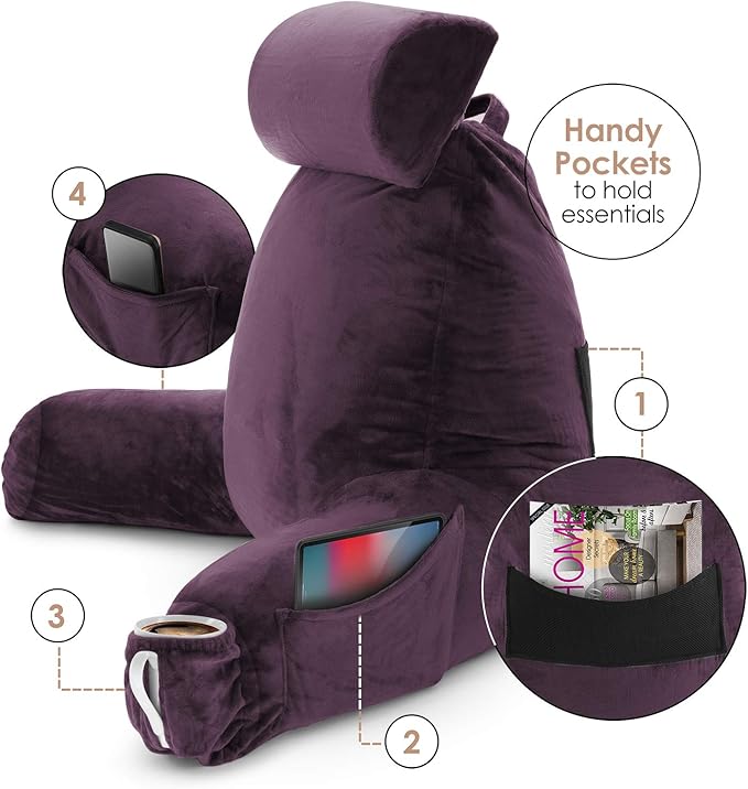 Nestl Reading Pillow Large Bed Pillow, Back Pillow for Sitting in Bed Shredded Memory Foam Chair Pillow, Reading & Bed Rest Pillows Purple Back Pillow for Bed, Bed Chair Arm Pillow with Pockets