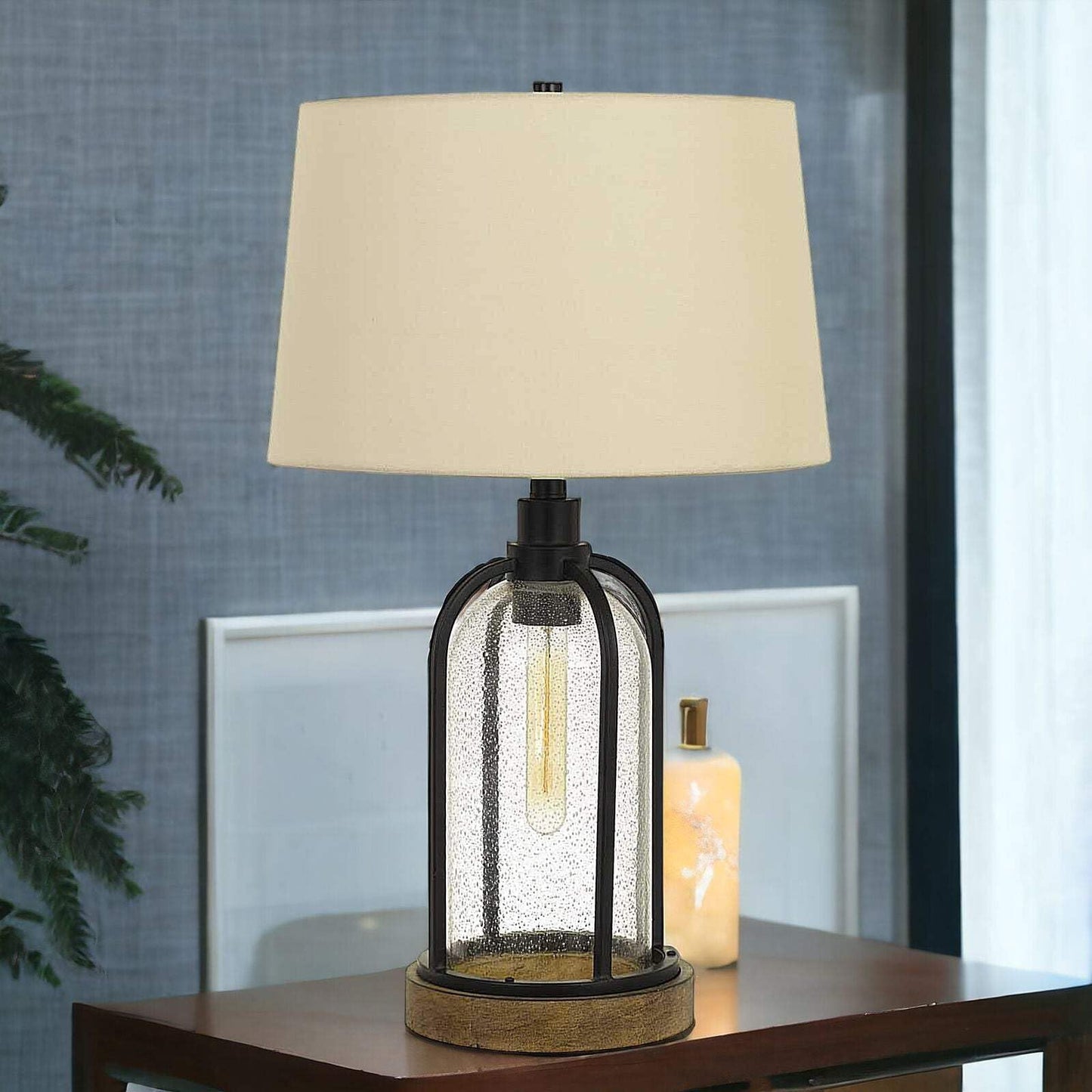 Homeroots 27 In. Metal Two Light Table Lamp - Eggshell Shade, Black, Model 524780
