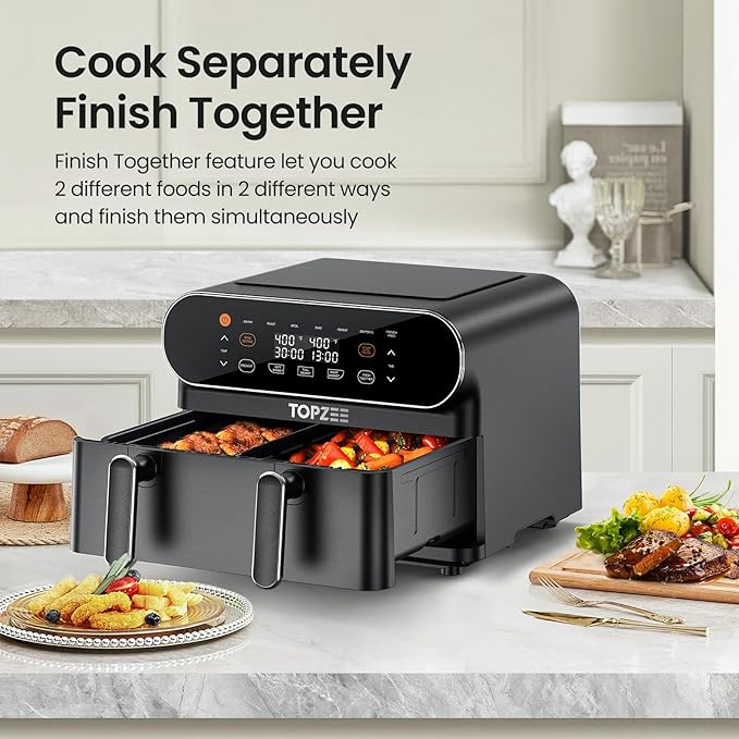 TOPZEE 11-QT Large Air Fryer - 8 in 1 XL Airfryer with Flex Basket, Divider for Dual Cooking, Preheat, Air Fry, Roast, Broil, Bake, Reheat, Dehydrate, French Fries, Dishwasher Safe, Black