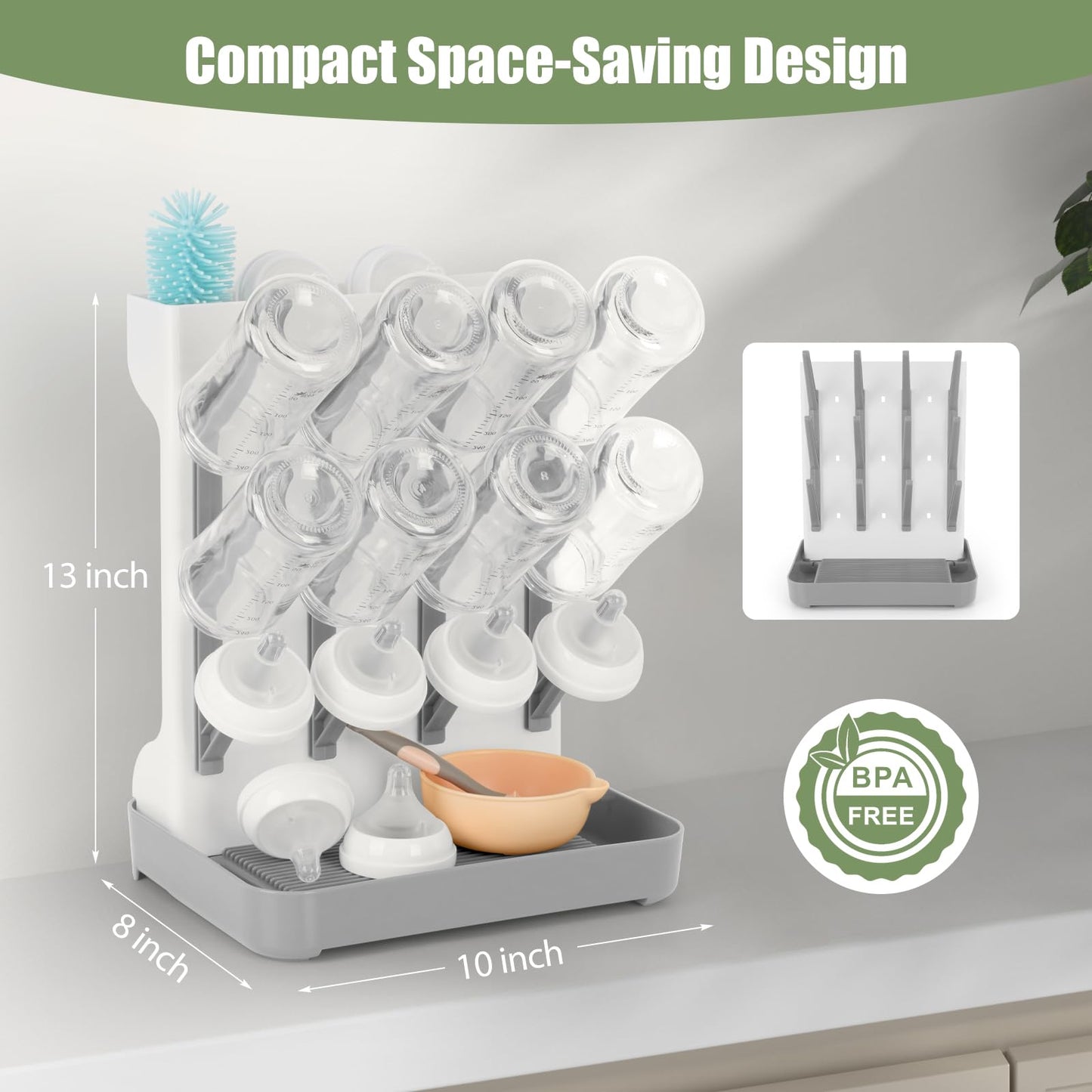 Flysich Baby Bottle Drying Rack, Space Saving Baby Bottle Organizer for Countertop, Vertical Bottle Dryer Holder with Brushes Holder, Large Bottle Storage Holder 12 Bottles & Baby Accessories Grey