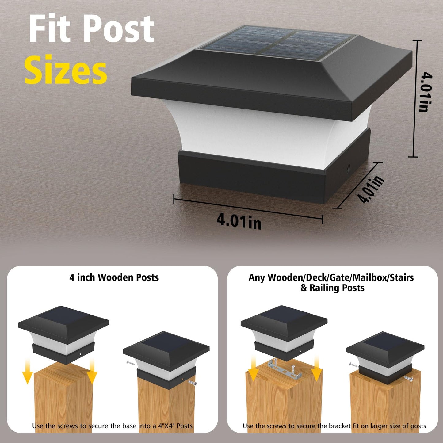 T-SUN Solar Post Cap Lights, Waterproof, Warm White, 2 Pack, for 4x4 Wooden & Vinyl Posts, Model TS-GL0403