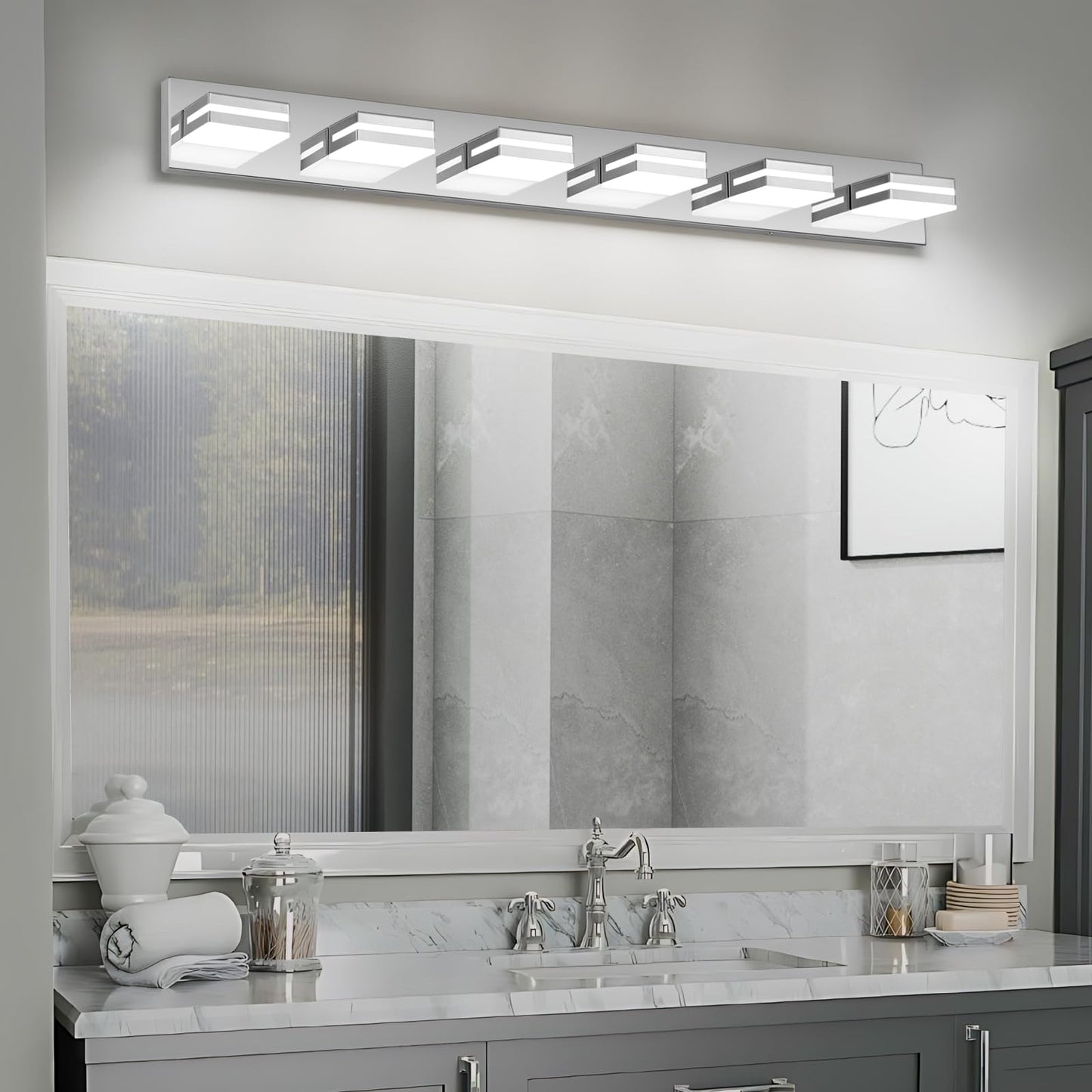 Jzekvn Modern Led Bathroom Lights Fixtures(6-Light) Stainless Steel Chrome Acrylic Wall Lighting Vanity Lights For Bathroom Over Mirror(6000K 41In
