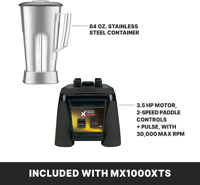 Waring Commercial MX1000XTS 3.5 HP Blender with Paddle Switches, Pulse Feature and a 64 oz. Stainless Steel Container, 120V, 5-15 Phase Plug, Black