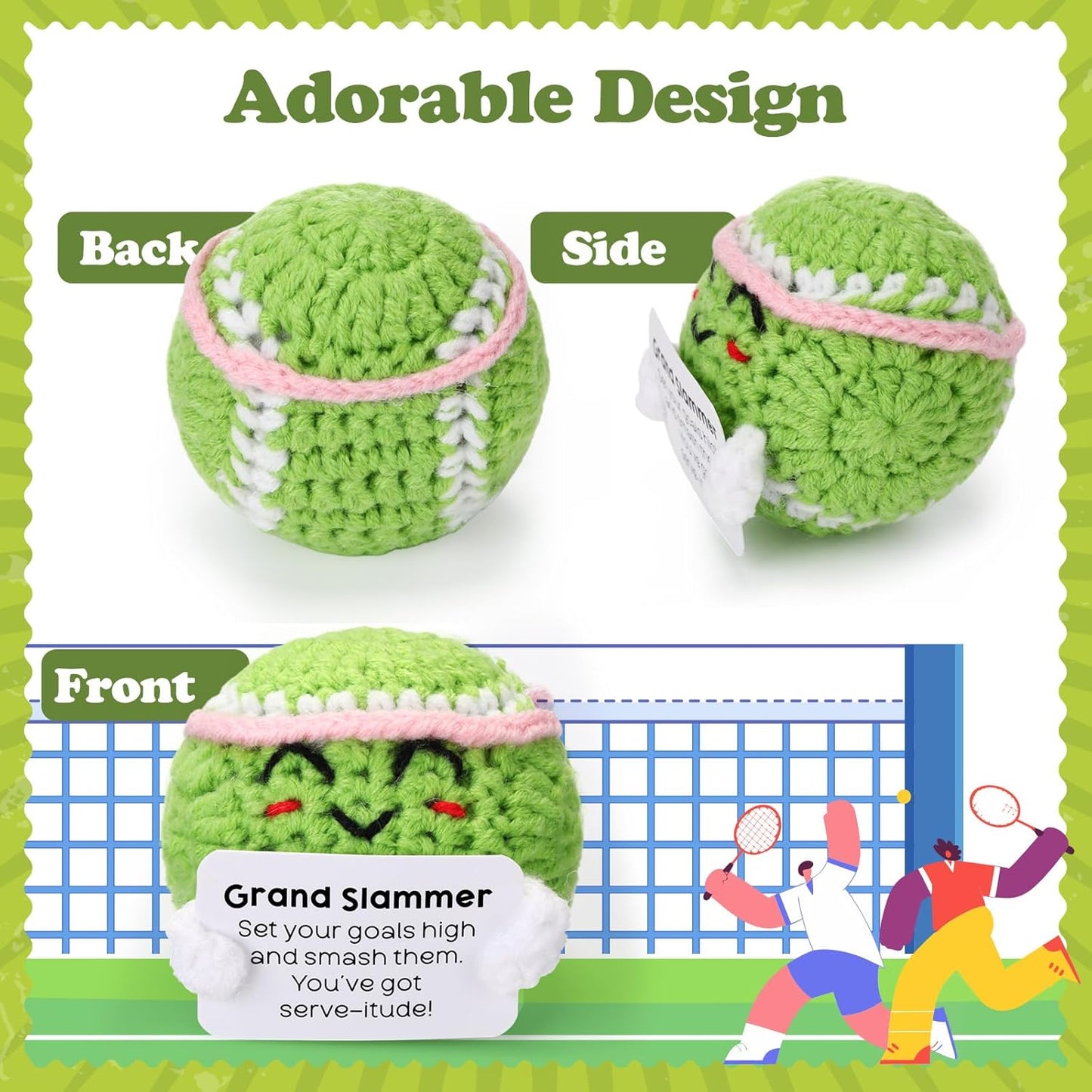 12pcs Funny Tennis Gifts for Team Bulk Tennis Balls with Motivational Cards Positive Handmade Mini Crochet Team Gift for Coach Women Men Coworker Birthday Christmas Party Favors
