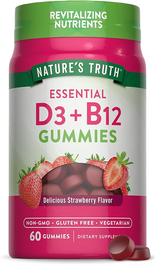 Nature's Truth Vitamin D3 and B12 Gummies | 60 Count | Strawberry Flavor | Vegetarian, Non-GMO & Gluten Free Supplement